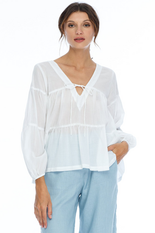 Wherever You Are LS Tiered Cotton Voile White Top WW Top Blak   