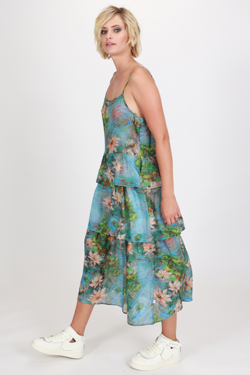Willow Painted Blue Floral Strappy Tiered Frill Midi Dress WW Dress Federation   