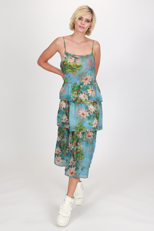 Willow Painted Blue Floral Strappy Tiered Frill Midi Dress WW Dress Federation   