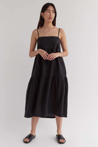 Willow True Black Strappy Tiered Midi Linen Dress WW Dress Assembly Label   