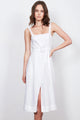 Zaylee Button Front Belted White Midi Dress