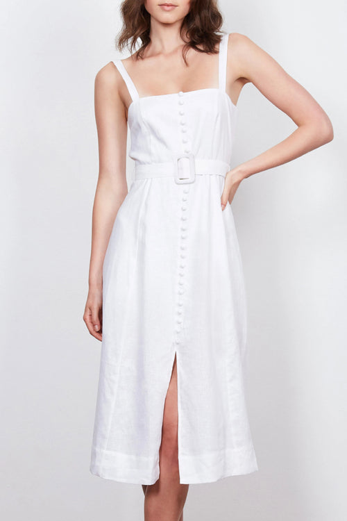 Zaylee Button Front Belted White Midi Dress WW Dress Wish   