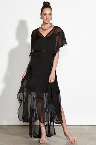 Moonage Daydream Sheer Black Embroidered SS Midi Dress with High Splits