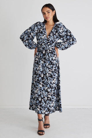 Better Than Ever Large Blue Floral Puff Sleeve Tiered Maxi Dress WW Dress Among the Brave   