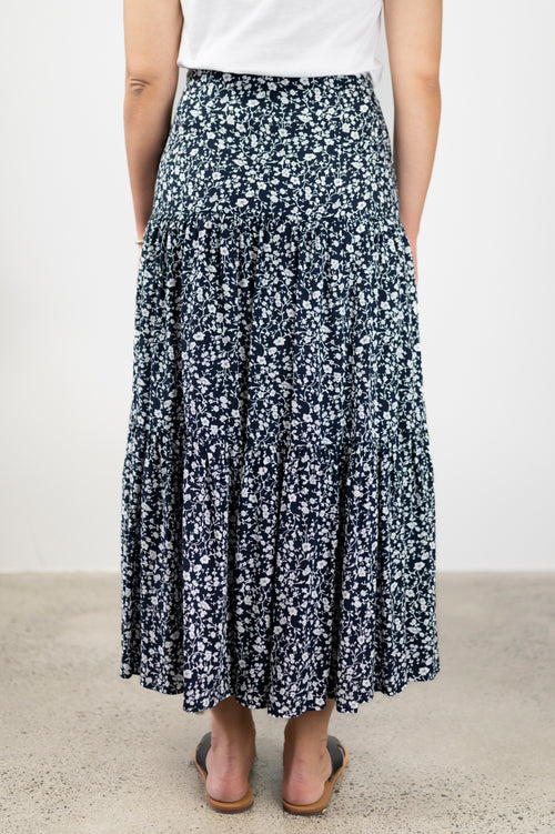 Blazing Navy Floral Vines Tiered Midi Skirt WW Skirt Among the Brave   