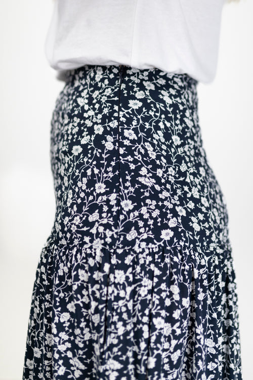 Blazing Navy Floral Vines Tiered Midi Skirt WW Skirt Among the Brave   