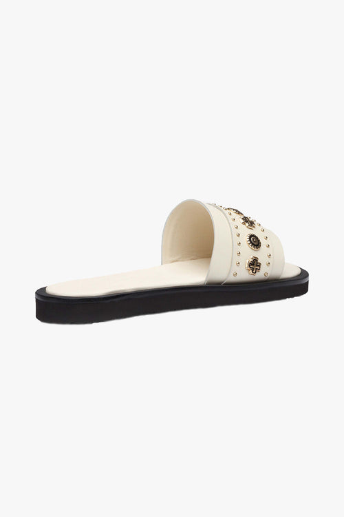Cleo Off White Leather Slide with Gold Charms ACC Shoes - Slides, Sandals Solsana   