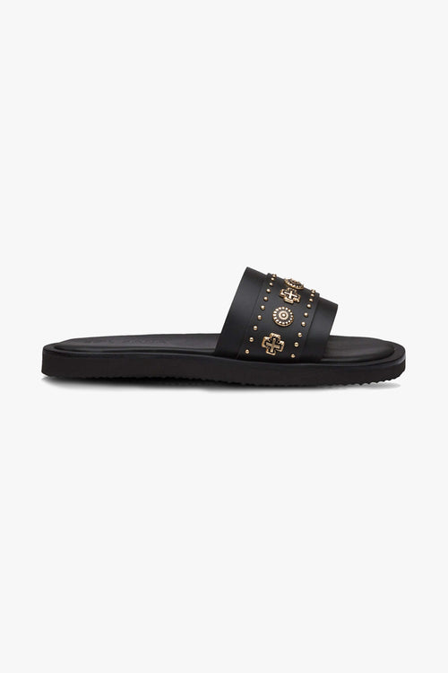 Cleo Black Leather Slide with Gold Charms ACC Shoes - Slides, Sandals Solsana   
