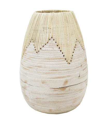 Carina Bamboo and Rattan Vessel White Wash 25cmh HW Planters, Foliage, Artificial Flowers Robert Mark   