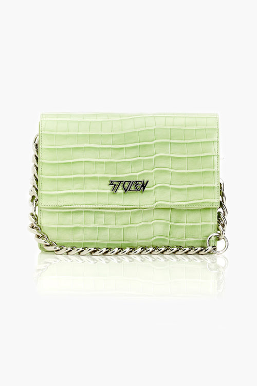 Big Trouble Acid Lime Croc Leather Shoulder Bag with Silver Chain Hardware ACC Bags - All, incl Phone Bags Stolen Girlfriends Club   