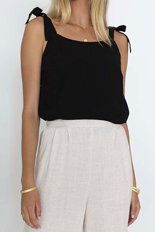 Cute As A Button Side Strappy Knot Black Linen Cami WW Top Humidity Lifestyle   