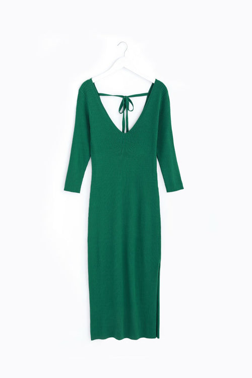Equinox Kelly Green Half Sleeve V Neck Tie Back Rib Knit Midi Dress WW Dress Among the Brave   