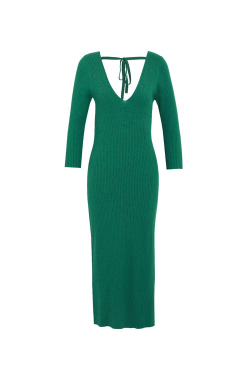 Equinox Kelly Green Half Sleeve V Neck Tie Back Rib Knit Midi Dress WW Dress Among the Brave   