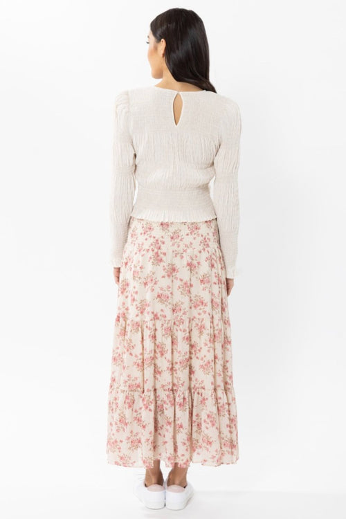 Creative Ivory Rose Shirred Waist Tiered Maxi Skirt WW Skirt Seeking Lola   