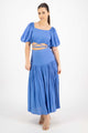 Harlow Cornflower Linen Blend Square Neck Puff SS Tie Waist Crop Top