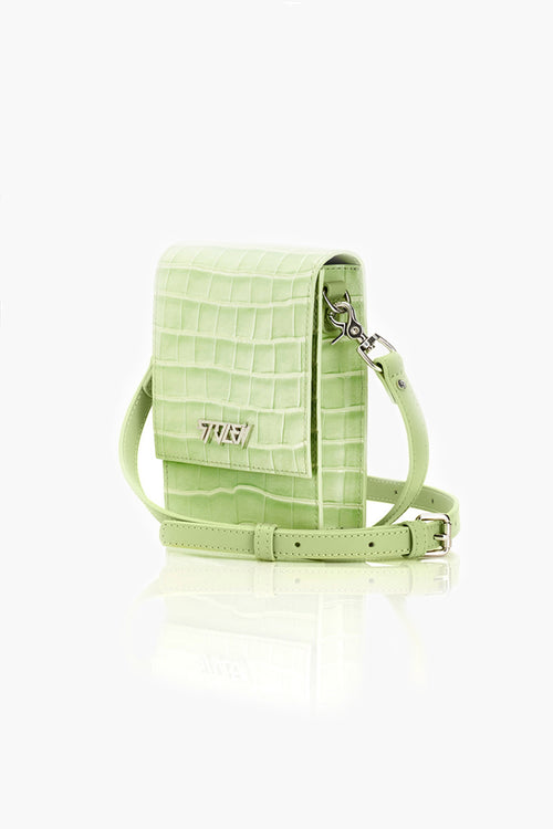 On Tour Acid Lime Leather Cross Body Phone Bag with Silver Hardware ACC Bags - All, incl Phone Bags Stolen Girlfriends Club   