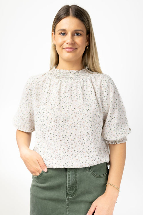 Influential Stone Ditsy Floral SS High Neck Shirred Puff Sleeve Top WW Top Among the Brave   
