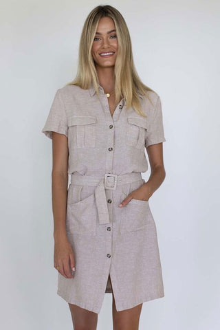 Isabetta Linen SS Natural Mini Belted Shirt Dress WW Dress Humidity Lifestyle   