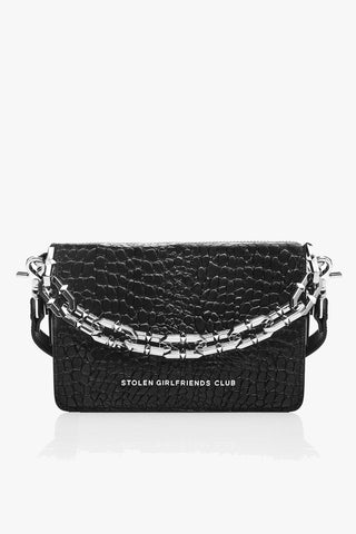 Little Trouble Matte Black Croc Shoulder Bag with Silver Chain Hardware