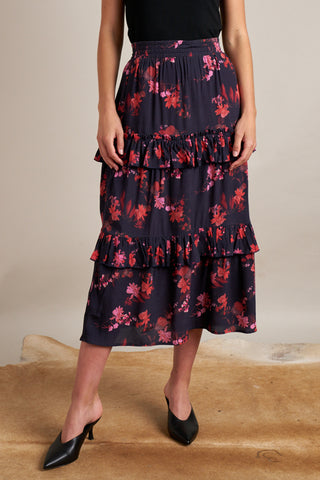 Maya Ruffe Tiered Black Luna Bloom Floral Midi Skirt WW Skirt Gysette   
