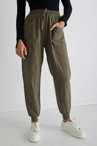 New Warrior Khaki Relaxed Drapey Drawstring Stretch Cuff Pant WW Pants Among the Brave   