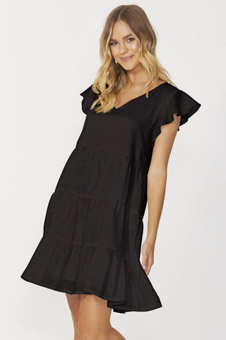 Eadie Black Linen Flutter Sleeve Tiered Mini Smock Dress WW Dress Sass   
