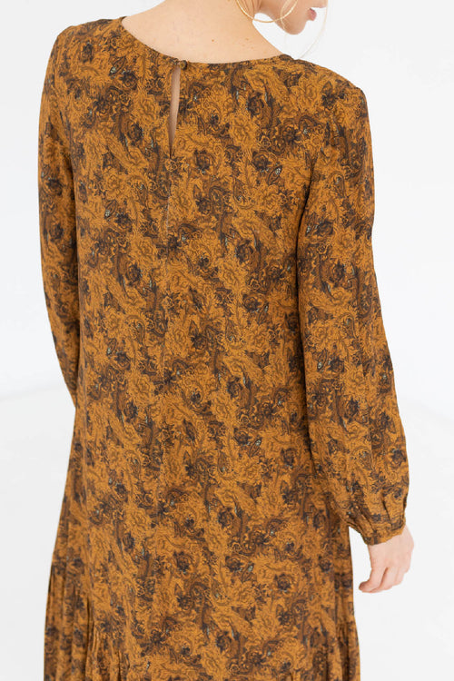 Sienna Drop Frill Midi LS Gold Print Dress WW Dress Staple + Cloth   