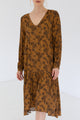 Sienna Drop Frill Midi LS Gold Print Dress