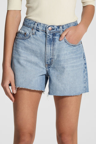 Stevie Ripple Mid Blue Raw Edge Denim Short WW Shorts Nobody Denim   