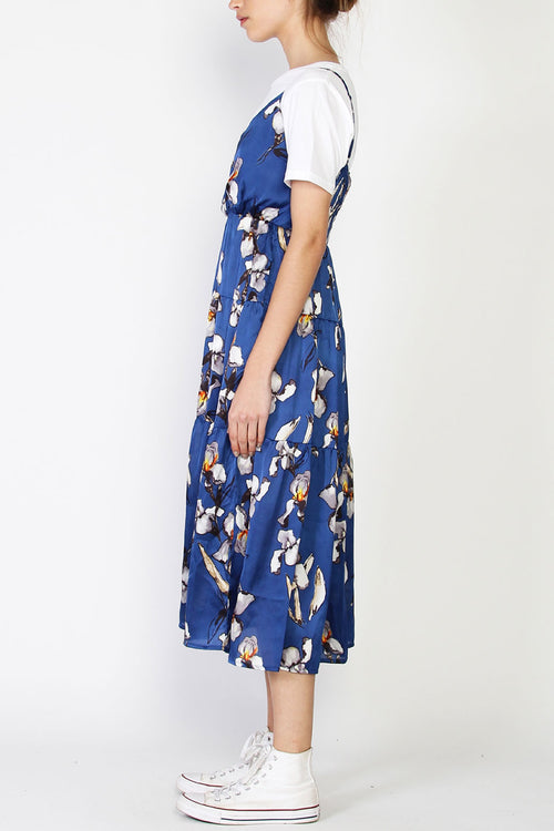 Tier Blue Floral Strappy Midi Silky Satin Dress WW Dress Federation   